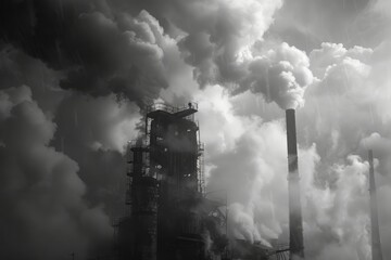 A dramatic industrial landscape featuring a factory emitting thick clouds of smoke against a stormy sky, conveying a moody, atmospheric scene of idleness in an industrial setting