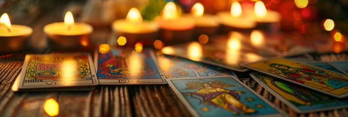 A closeup of a variety of tarot cards spread out on a table next to flickering candles