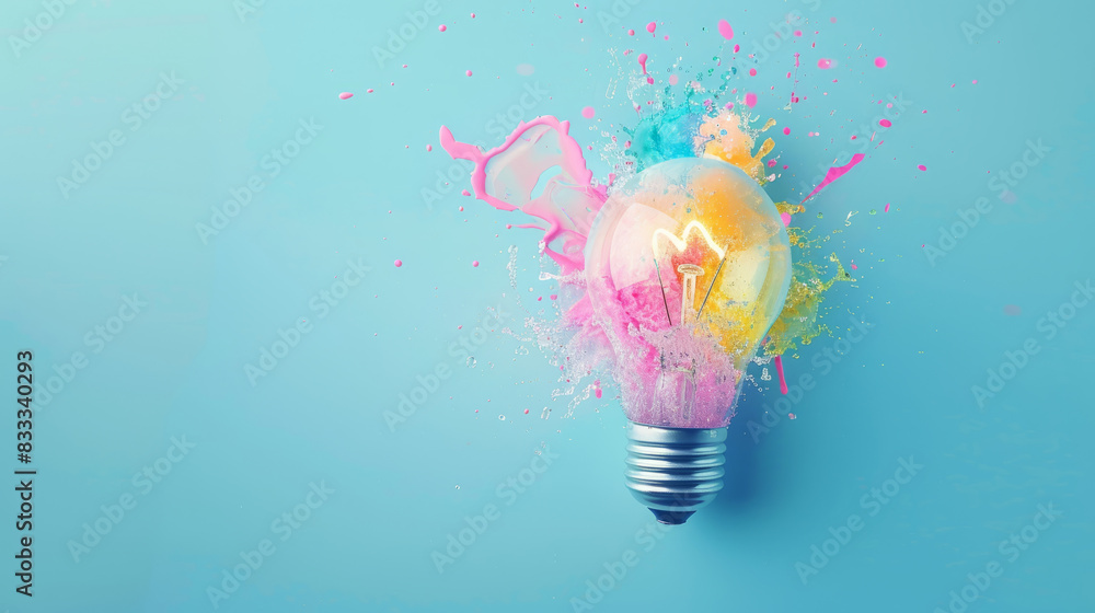 Poster creative concept of exploding light bulb with colorful paint splashes