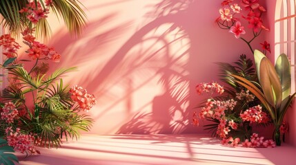 Abstract pink color gradient background for product presentation. Empty room with shadows of window and flowers and palm leaves . 3d room with copy space. Summer concert. 