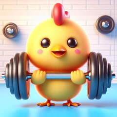 cute chicken lifting dumbbell cartoon 3d Generative AI