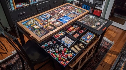 The gaming table, equipped with all the essentials for board games, cards, and dice, ready for hours of competitive fun.