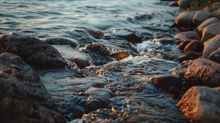 Obraz premium A tiny river flowing amidst stones along the shore