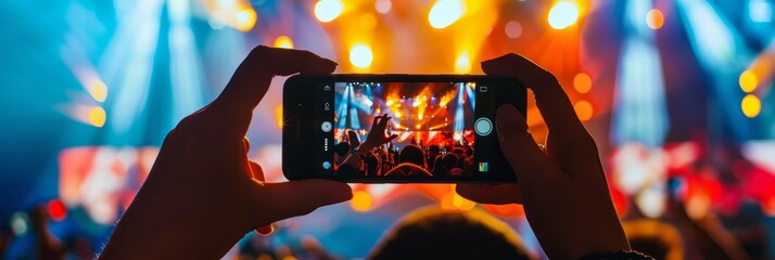 A person in the audience at a concert using a cell phone to take a picture of the stage and crowd