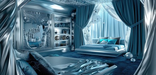 A luxurious bedroom in ice blue and silver viewed from the reading nook.