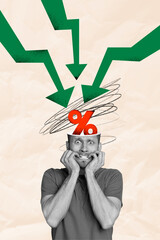 Vertical image collage young frustrated man bite nails credit rate inflation devaluation finance...