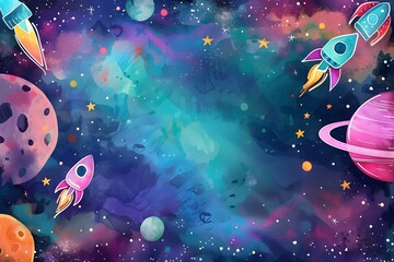 Cute cartoon space frame border on background in watercolor style.
