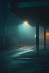 Moody night scene of an empty urban street under an overpass, with a solitary street lamp and enveloping fog, conveying a quiet, idle moment