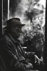 Idling man. A visually striking portrait of an elderly man surrounded by swirling smoke, symbolizing deep thought or reminiscence