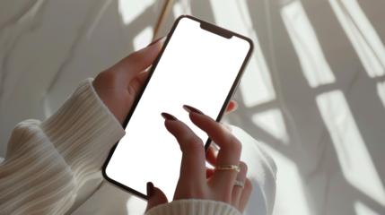 Holding Smartphone Mockup with transparent Screen, Female Hands