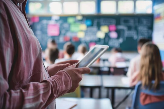 A teacher using a digital tablet to record student attendance in class