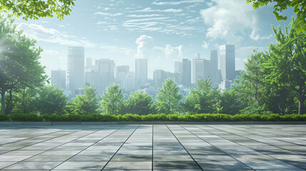 Empty square floor with green forest and city skyline