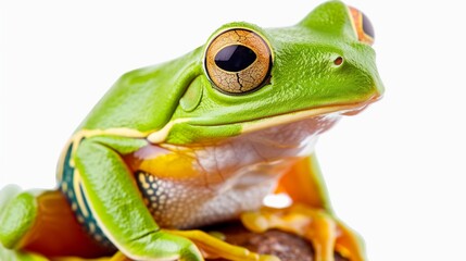A vibrant green tree frog, perched delicately against a transparent background, its bright colors captured with lifelike precision