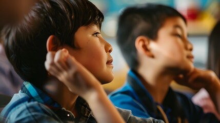 Fototapeta premium Two young boys attentively listening in a classroom setting, focusing on the lesson being taught, reflecting a diverse and multicultural educational environment.