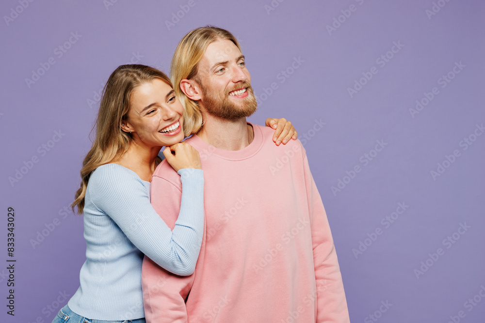 Wall mural side view young smiling happy couple two friends family man woman wear pink blue casual clothes toge - Wall murals