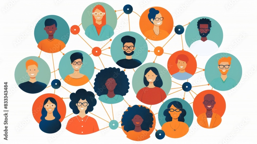 Poster illustration of a virtual networking event with business people communicating via video calls