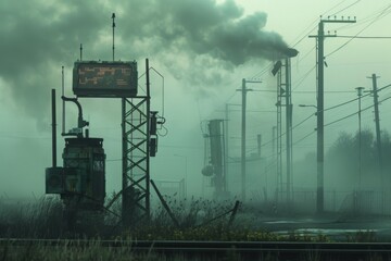 A misty urban scene featuring streetlamp and industrial smokestack emitting thick smoke, conveying sense of industrial idleness and environmental neglect