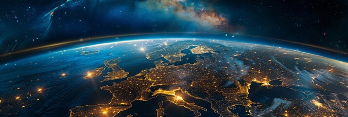 The Earth as seen from space at night, with brightly lit cities in Europe creating a stunning glow...