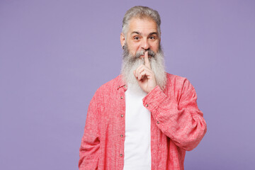 Young secret elderly gray-haired mustache bearded man 50s years old wears pink shirt casual clothes...