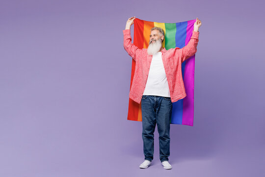 Full body smiling cool elderly bearded gay man 50s years old wears casual clothes wrapped in striped rainbow flag looking camera isolated on plain purple background. Lifestyle LGBT June pride concept.