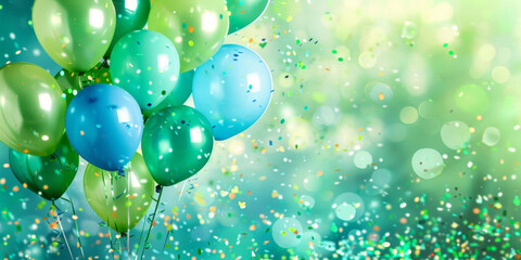 Green balloons with confetti on a festive background, creating a vibrant and joyful atmosphere perfect for celebrations and parties
