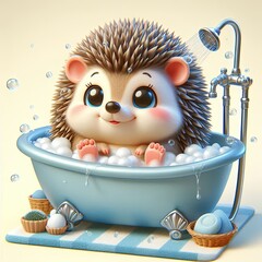 cute hedgehog bathing in bathtub cartoon 3d Generative AI