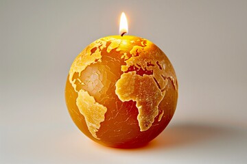 Dynamic Burning Globe Candle with African and European Continents Depicted in Yellow Wax Representing Environmental Issues and Global Warming