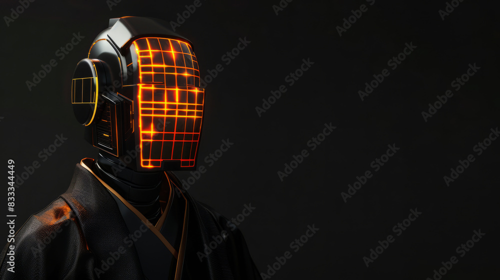 Poster cyberpunk robot with illuminated face mask in dark background