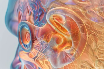 Medical illustration of the human ear detailing the outer, middle, and inner ear structures
