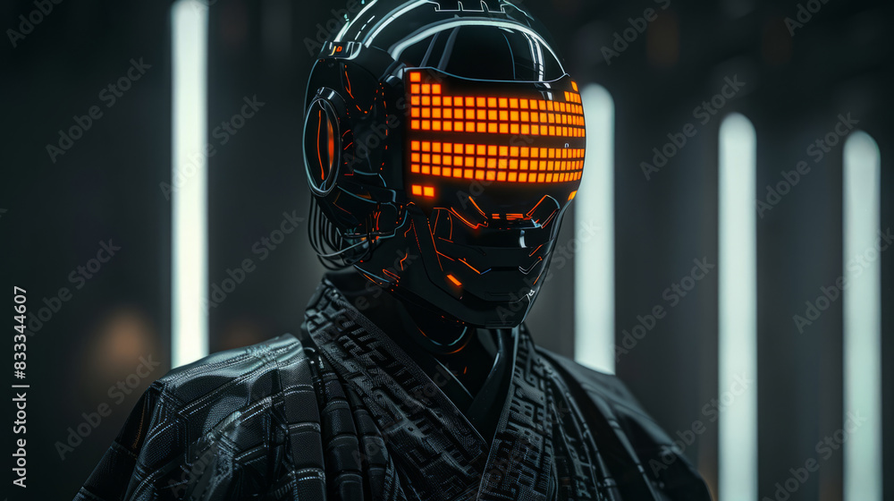 Poster sleek cyberpunk robot with illuminated visor in futuristic setting