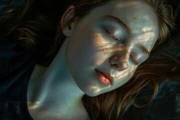 Close-up of a young woman lying down, her face bathed in soft sunlight, capturing a peaceful moment of rest and introspection
