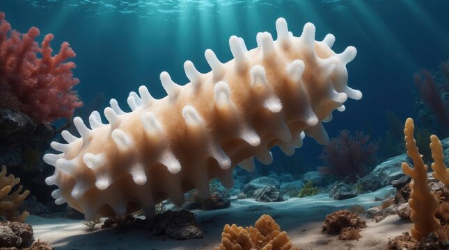 Close-up of Holothuria tubulosa, the sea cucumber also known as cotton spinner, in its natural underwater habitat