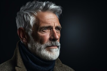 Obraz premium Close-up of a dignified elderly man with a pensive expression isolated on black background