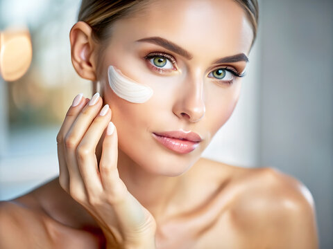 Close up shot of beautiful woman applies anti aging cream on face undergoes beauty treatments cares about skin poses against beige background. Wrinkled female model with cosmetic product