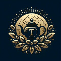 AI Generate of Luxury Cup of Tea, Tea Pot, Tea Leaf, Logo Concept Stock Vector with Dark Background