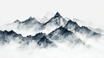 Minimalist ink painting of misty mountains in black and white