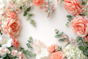 Pink floral frame with rose bouquet for wedding card design