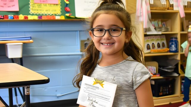 Smiling young girl with glasses proudly holding her certificate in a colorful classroom, signifying her academic achievement.