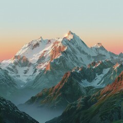 Majestic snow-capped mountain peaks at sunset