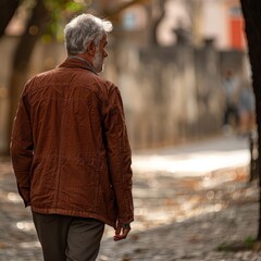 senior man walking alone in city street