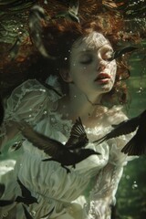 Artistic underwater scene of a woman with flowing hair and dress, surrounded by birds, creating a serene portrayal of idleness and dreamlike tranquility