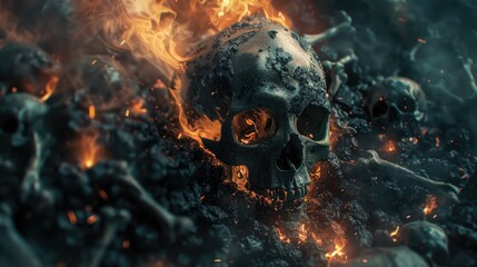 The End of Humanity: A Haunting Image of a Giant Skull Amidst a Pile of Bones on Fire in a Dark, Apocalyptic Inferno.

