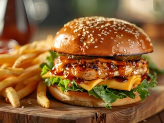 Double Decker Black Bun Burger with Fries