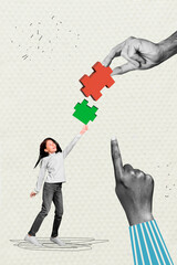 Composite collage image of funny little girl solution task finger point gesture puzzle jigsaw...