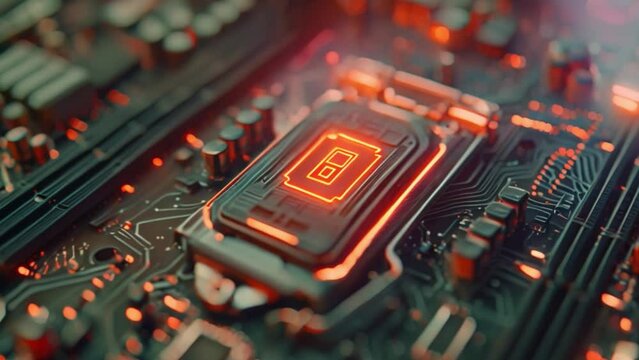 This Detailed view of a computer motherboard showing electronic components and circuits.