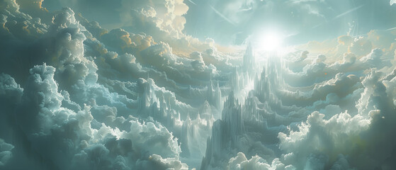 a celestial city made of pure white marble in the clouds and bathed in ethereal light