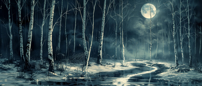 Dark landscape of a white river winding through a forest of pale trees, under a moonlit sky
