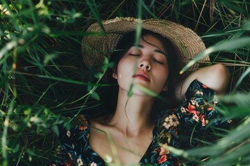 A young woman lying in lush grass, eyes closed, wearing a floral dress and a straw hat, epitomizes the idleness and contentment found in nature's embrace