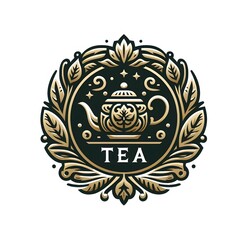 Obraz premium AI Generate of Luxury Cup of Tea, Tea Pot, Tea Leaf, Logo Concept Stock Vector with Dark Background
