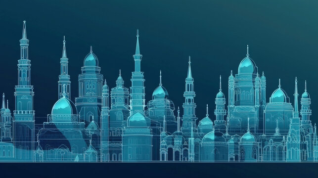Muslim Islamic New Year, religious event. Graphic illustration. Bathed mosques. AI generated.